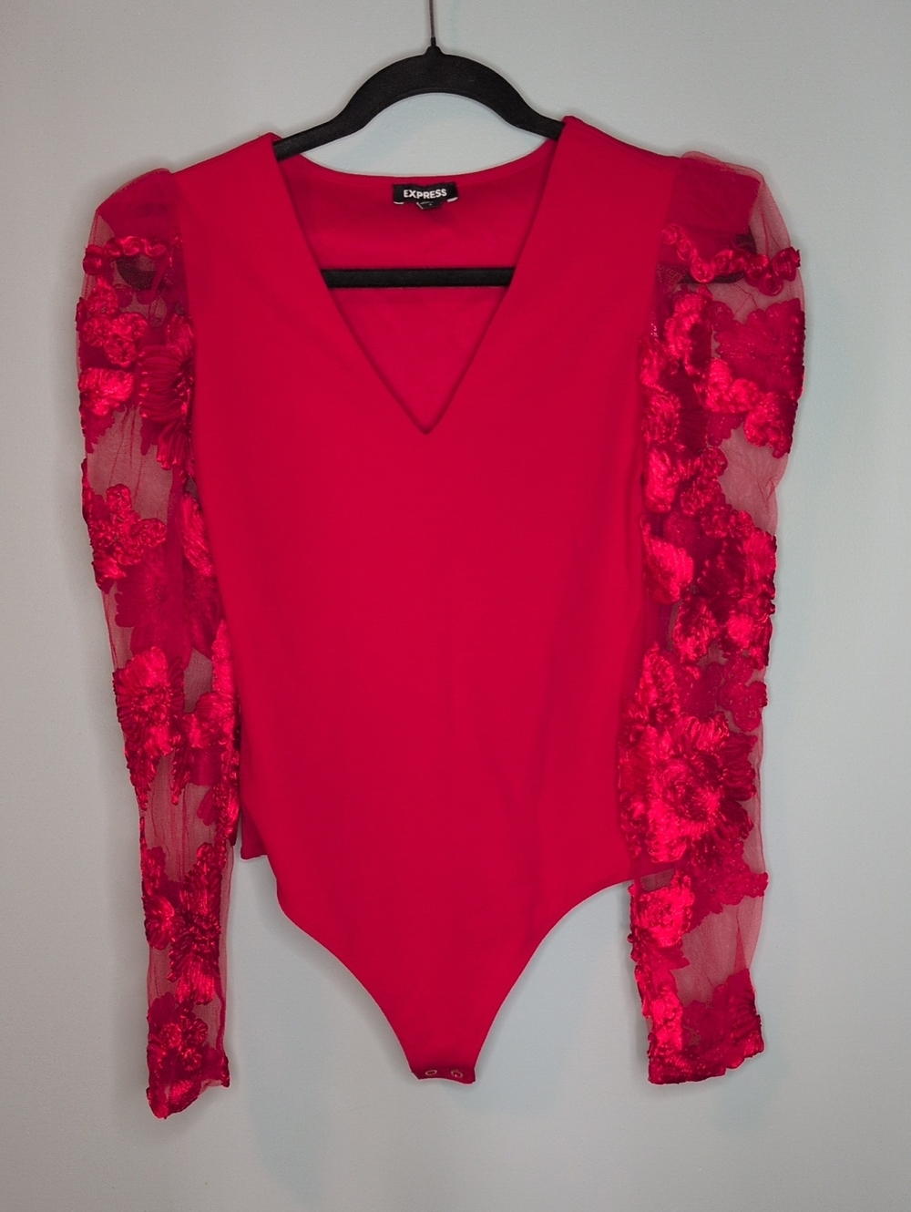 Express Fuchsia V-Neck Floral Applique Mesh Sleeve Bodysuit